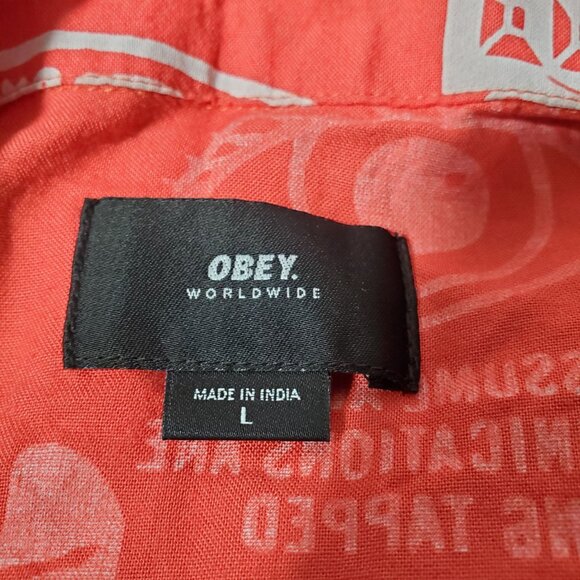 Obey Worldwide Button Up Shirt Men's L Red Viscose AOP Abracadabra Monster - Picture 7 of 8